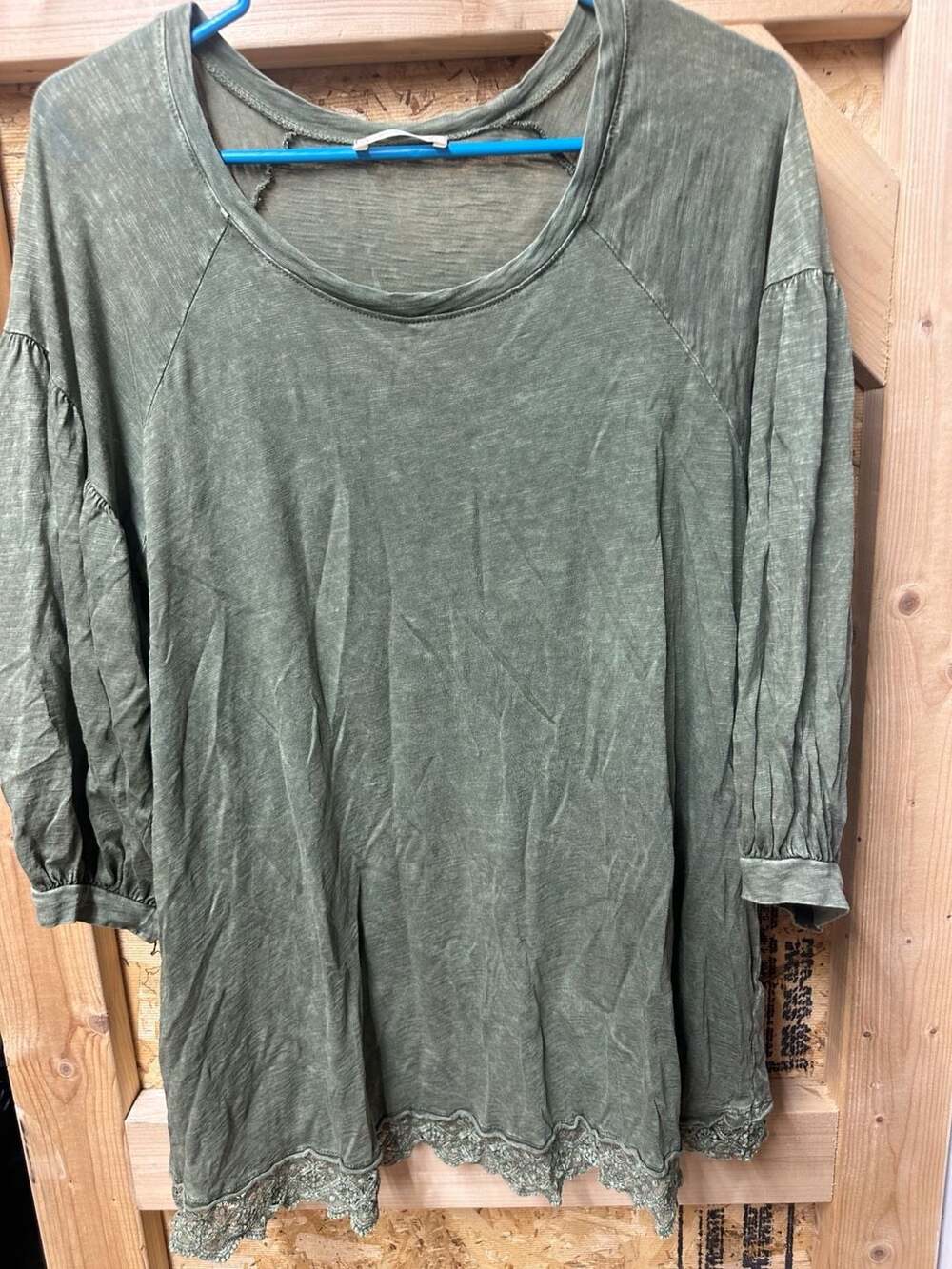 Altar'd State Tunic Top Size L Olive Green Lace Hem 3/4 Sleeve